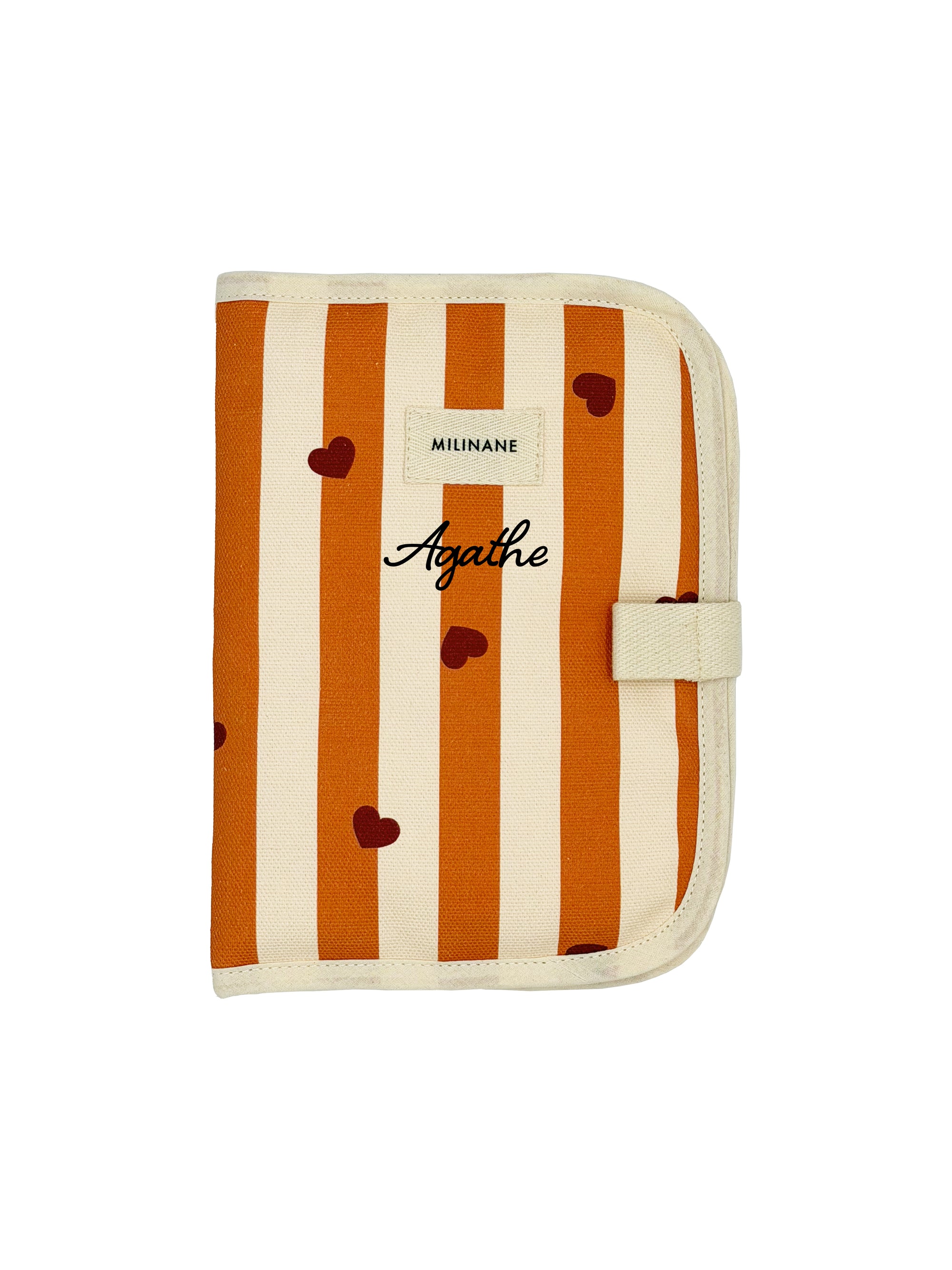 protege-carnet-de-sante-edgar-bebe-puericulture-naissance-cadeau-rayures-coeurs-orange-marron-bordeaux-caramel-personnalise-milinane